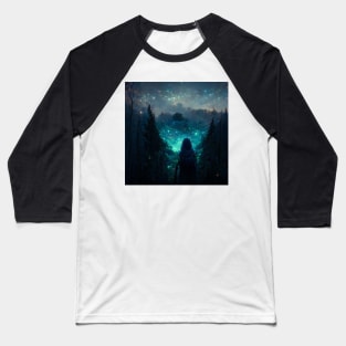 Black hooded witch in a forest with magical blue stars in the sky Baseball T-Shirt